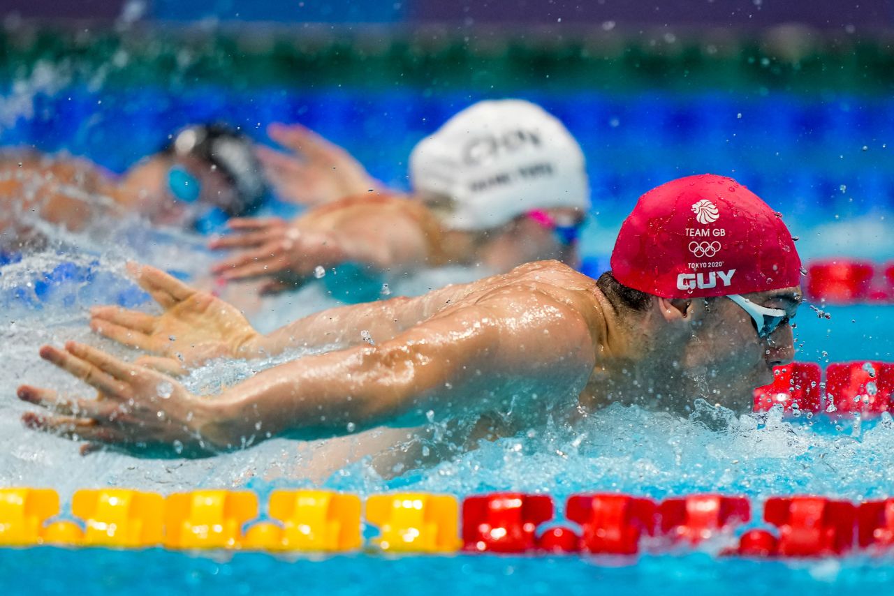 James Guy of Great Britain swims in the mixed 4x100-meter medley relay on July 31.