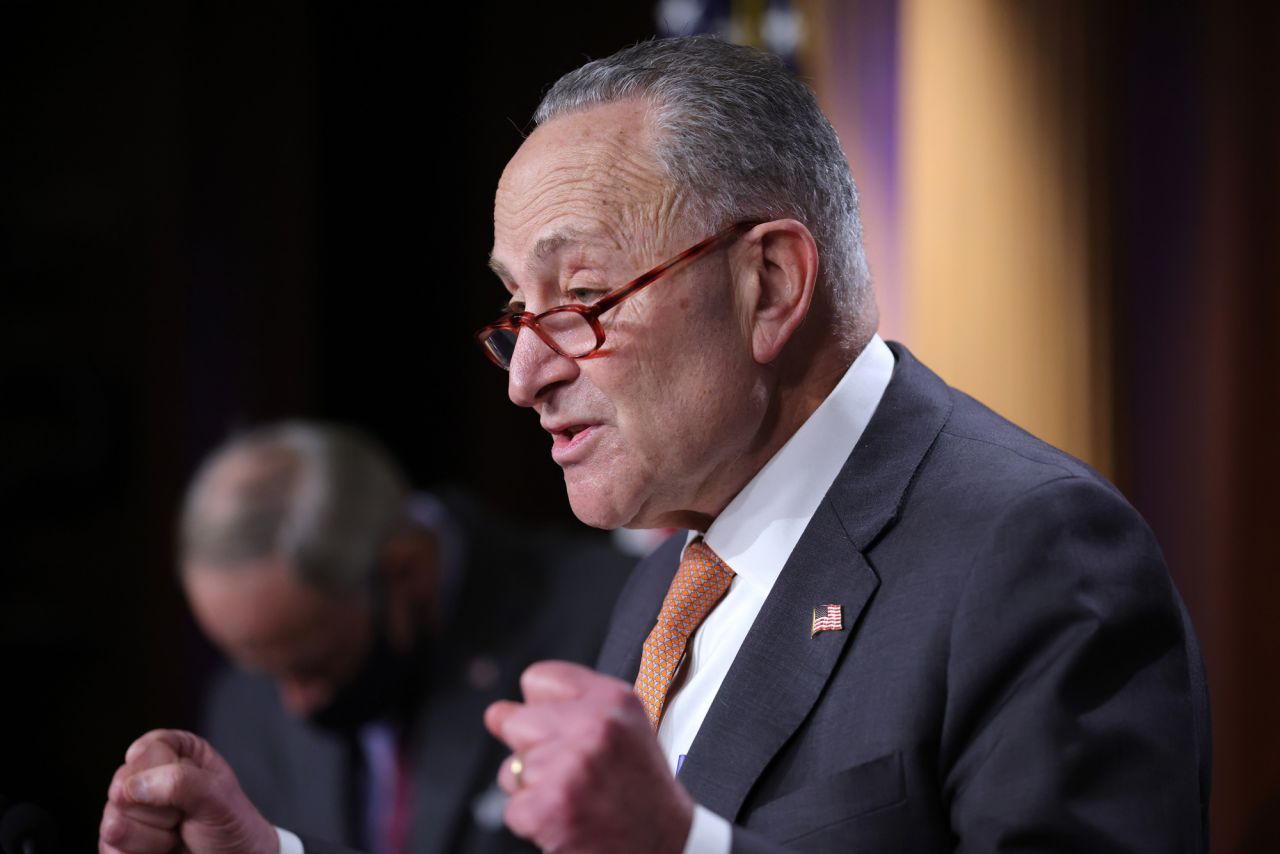 Senate Minority Leader Chuck Schumer speaks during a press conference at the U.S. Capitol on December 8 in Washington, DC. 