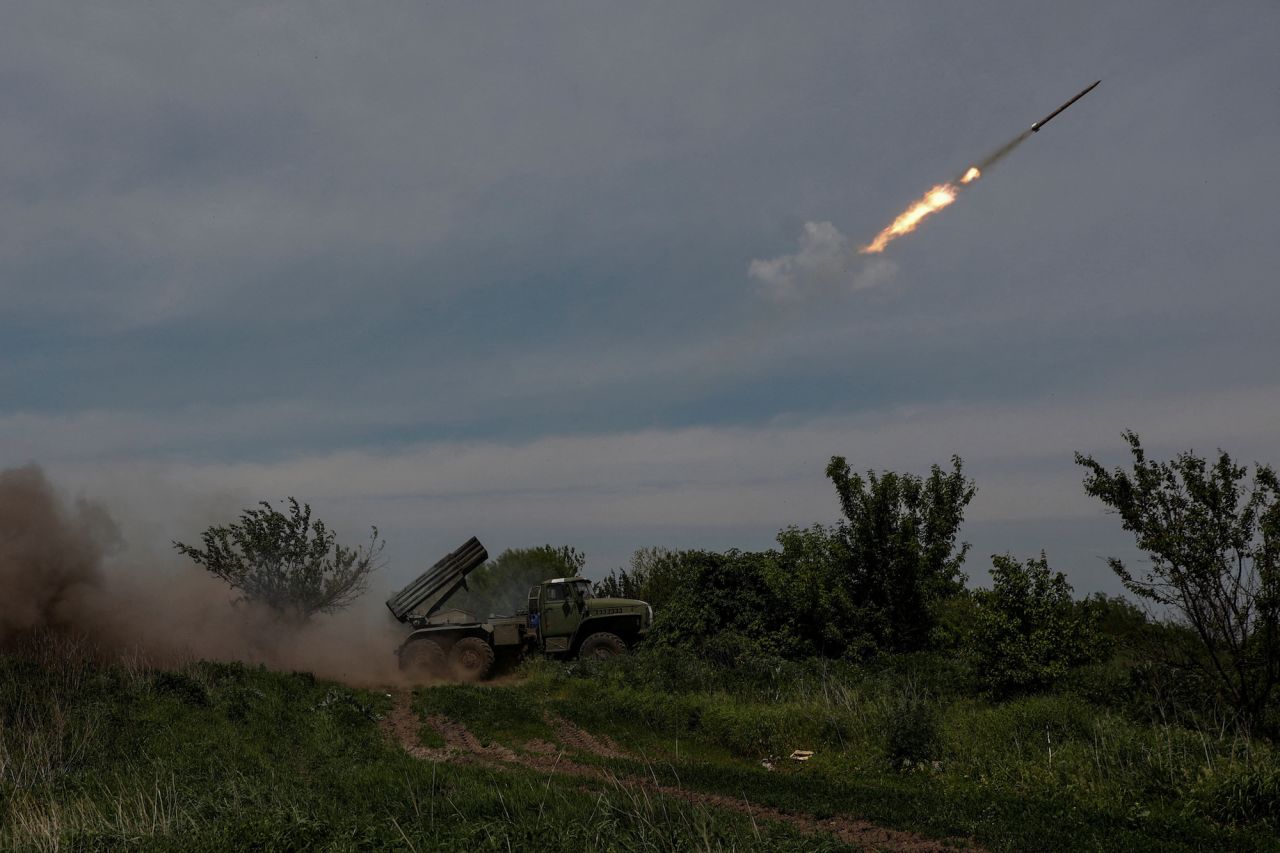 Ukrainian servicemen fire a rocket towards Russian troops near the frontline town of?Bakhmut on Friday.