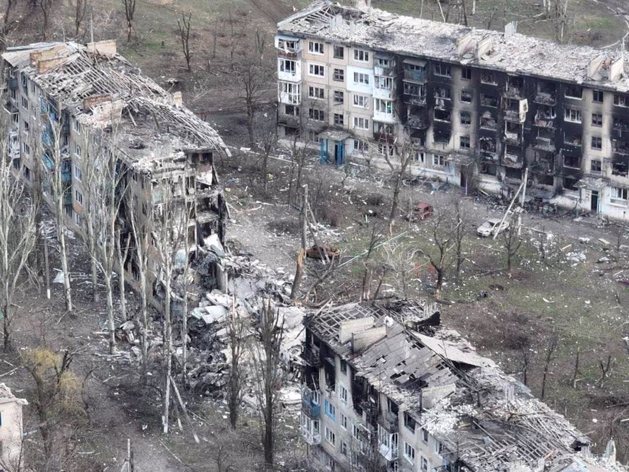 A view of destroyed buildings in Vuhledar, Ukraine on March 26.