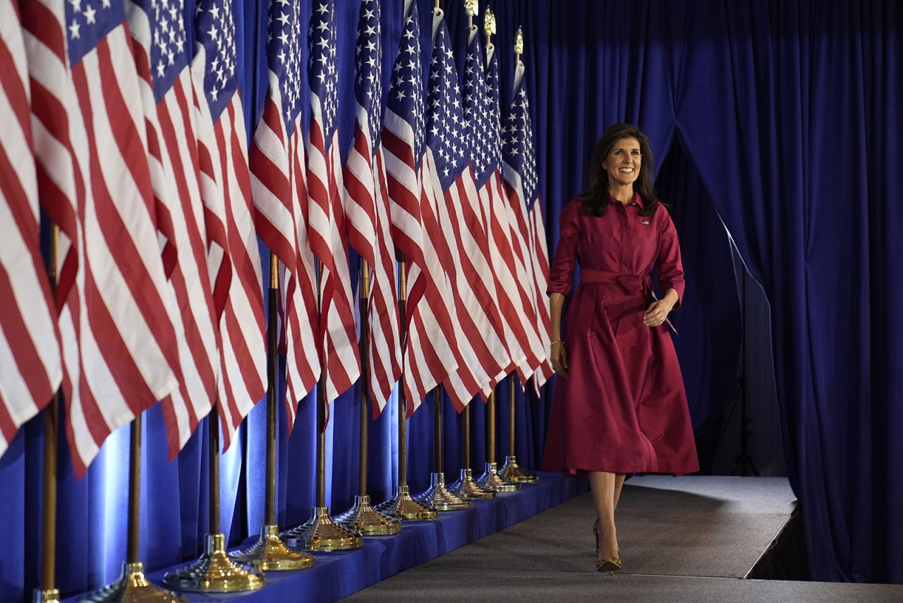 Republican presidential candidate and former UN Ambassador Nikki Haley takes the stage to speak at a caucus night party at the Marriott Hotel in West Des Moines, Iowa, on Monday, Jan. 15.