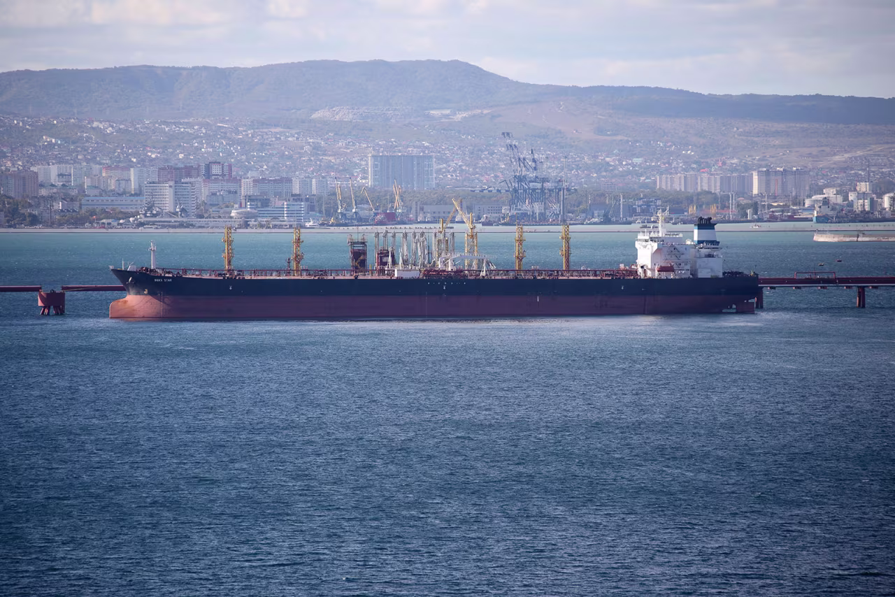 An oil tanker is moored at the Sheskharis complex, part of Chernomortransneft JSC, a subsidiary of Transneft PJSC, in Novorossiysk, Russia, in 2022. 