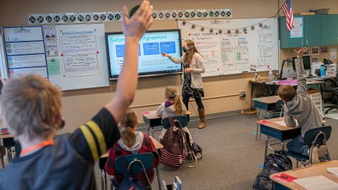Third grade students attend class at Green Mountain School on February 18, in Woodland, Washington. 