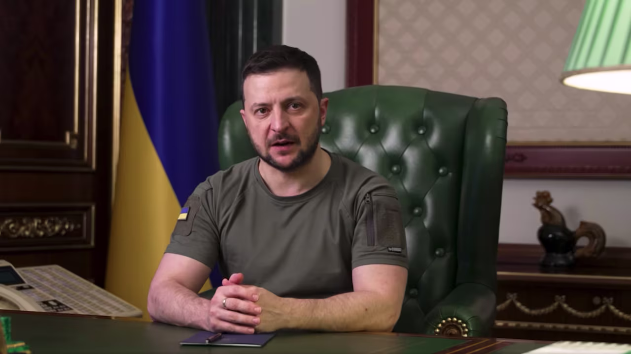 Ukrainian President Volodymyr Zelensky speaks during his evening video message on Thursday May 26.