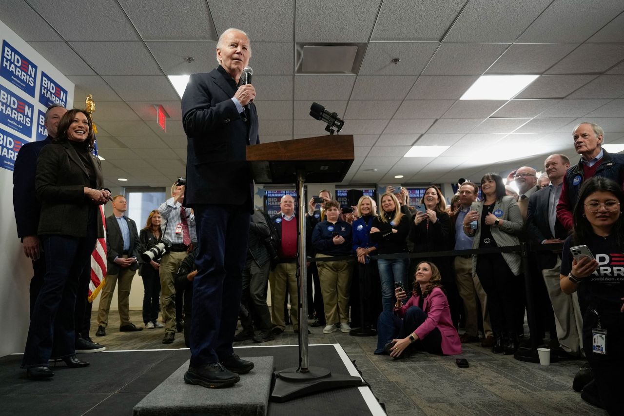 President Joe Biden speaks at his campaign headquarters in Wilmington, Delaware, on Saturday. 