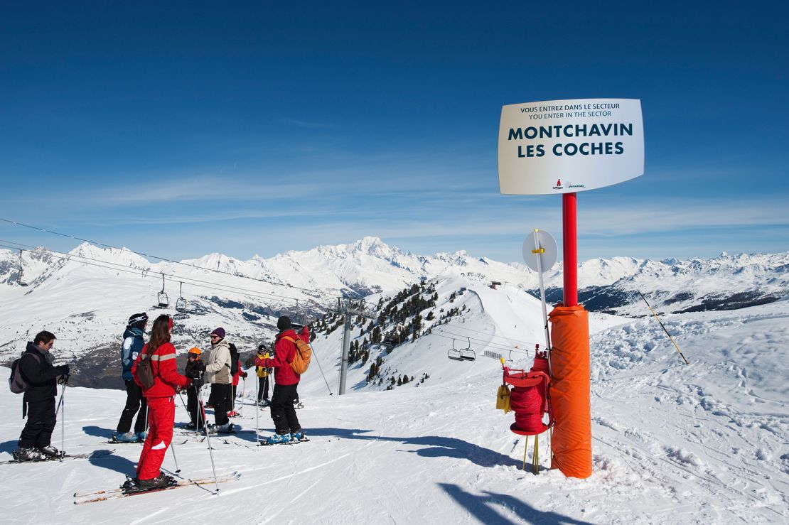 Skiers at the top of a run to Montchavin in the French resort of La Plagne.