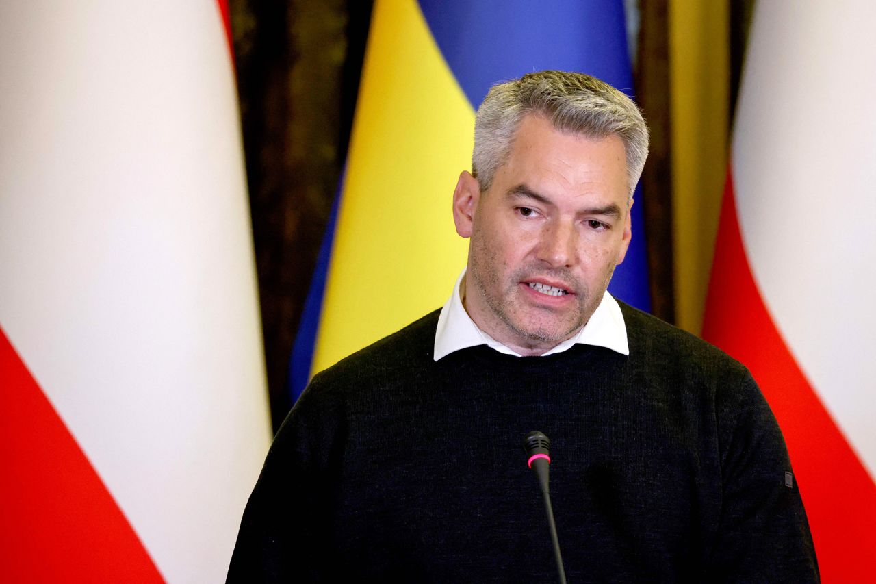 Austria's Chancellor Karl Nehammer speaks at a press conference on April 9 in Kyiv, Ukraine. 