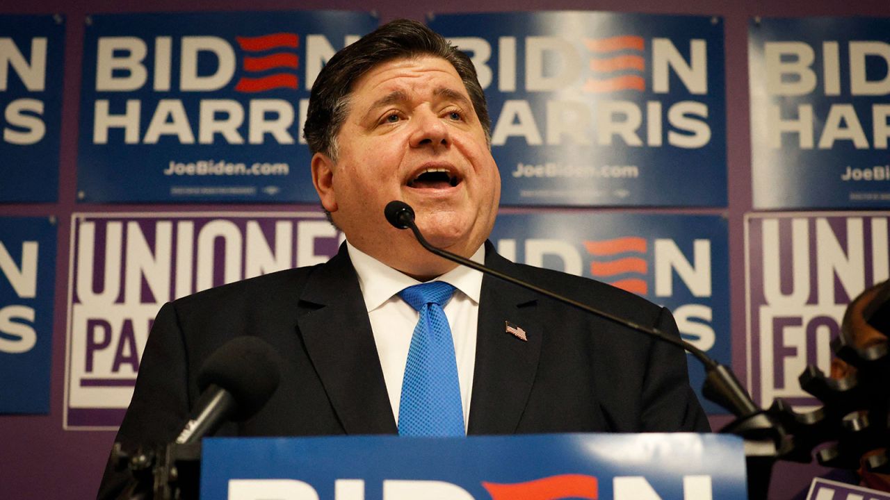 Illinois Gov. JB Pritzker speaks during a Biden-Harris 2024 campaign press conference in Miami, Florida, on November 7, 2023.