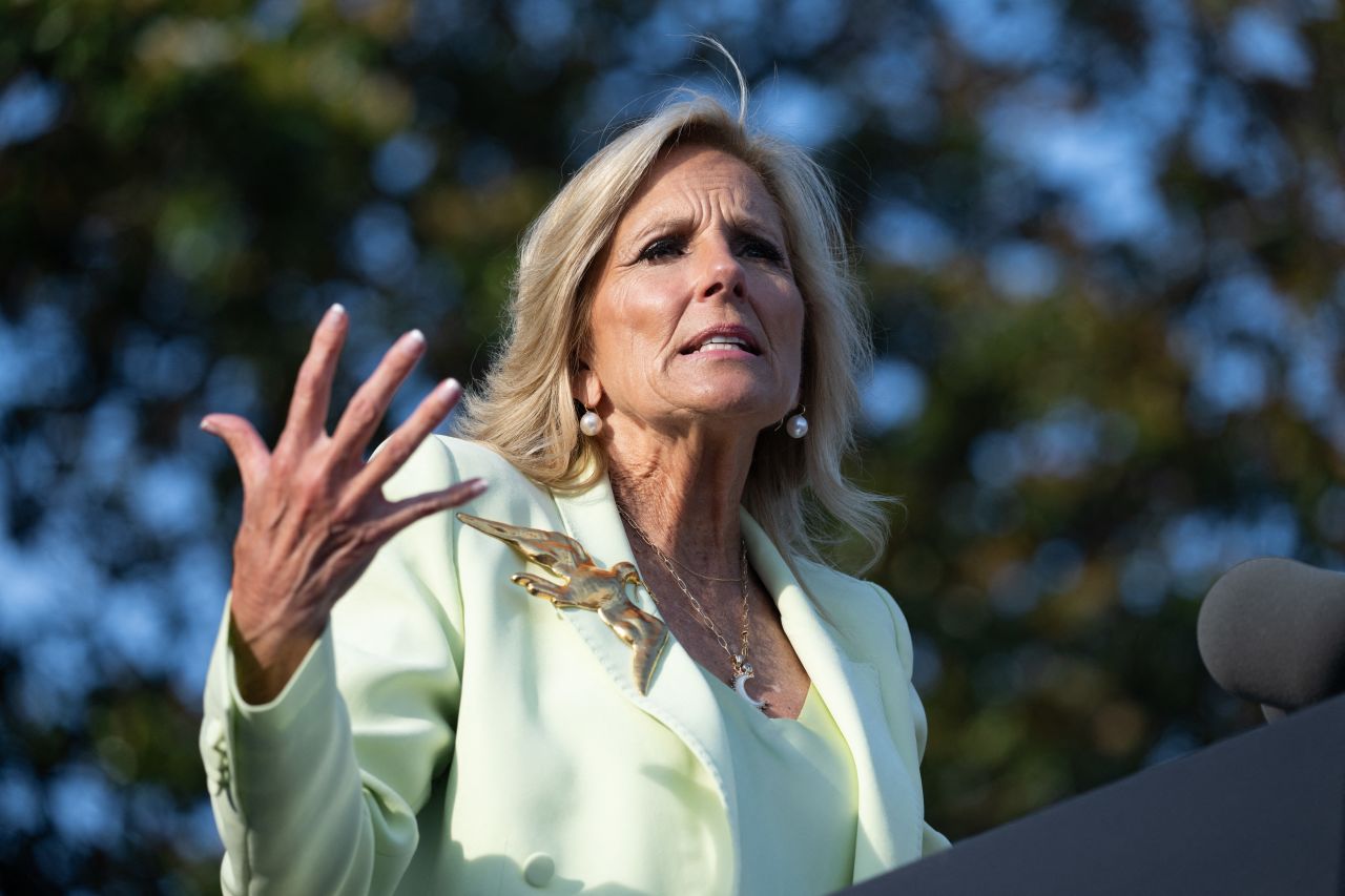 First lady Jill Biden speaks during a White House Pride Month celebration on the South Lawn of the White House in Washington, DC, on Wednesday, to showcase the contributions of the LGBTQI+ community. 