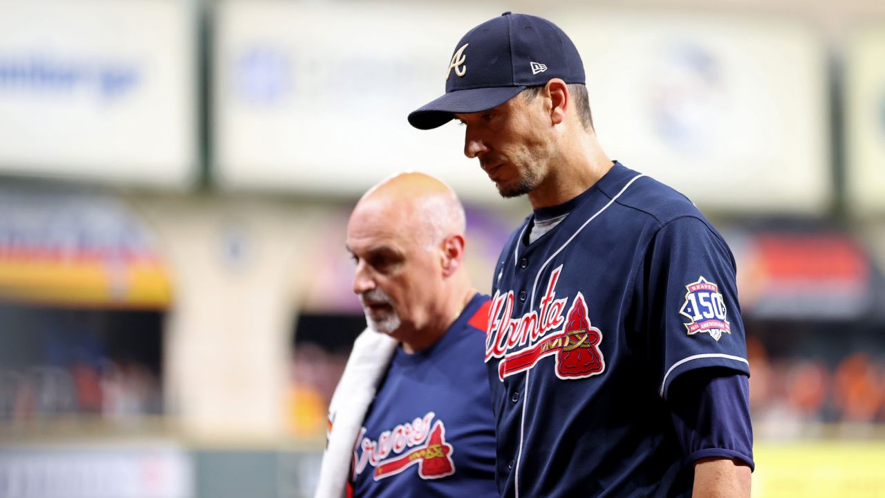 Charlie Morton of the Atlanta Braves is taken out of the game against the Houston Astros during the third inning in Game One of the World Series at Minute Maid Park on October 26 in Houston.