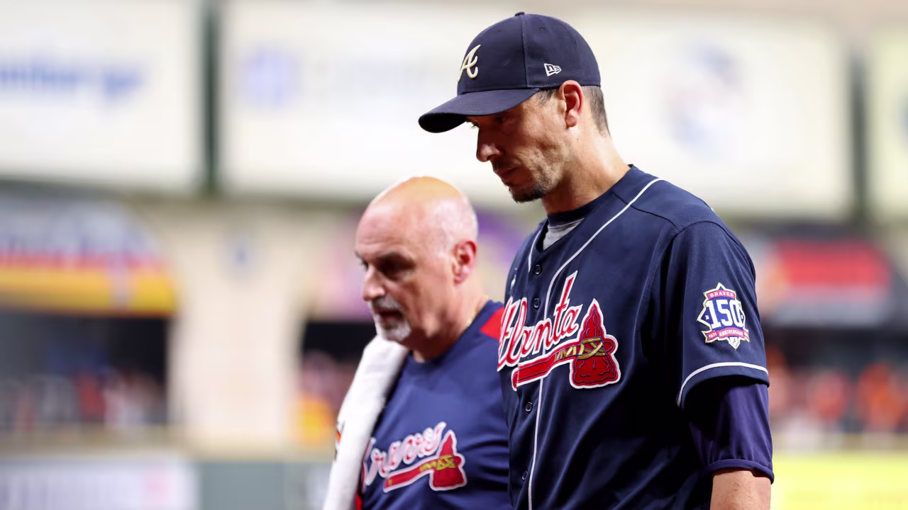 Charlie Morton of the Atlanta Braves is taken out of the game against the Houston Astros during the third inning in Game One of the World Series at Minute Maid Park on October 26 in Houston.