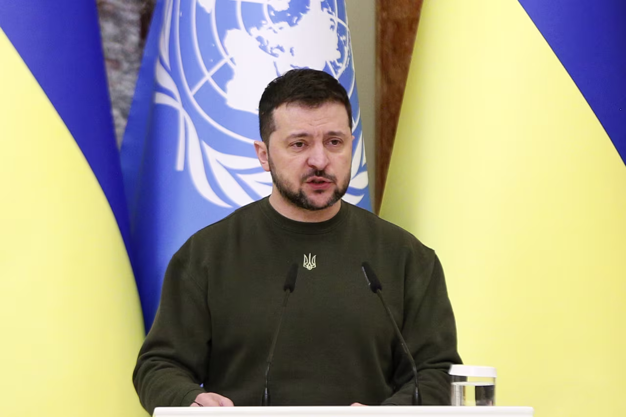 Volodymyr Zelensky speaks during a meeting in Kyiv, on March 8.