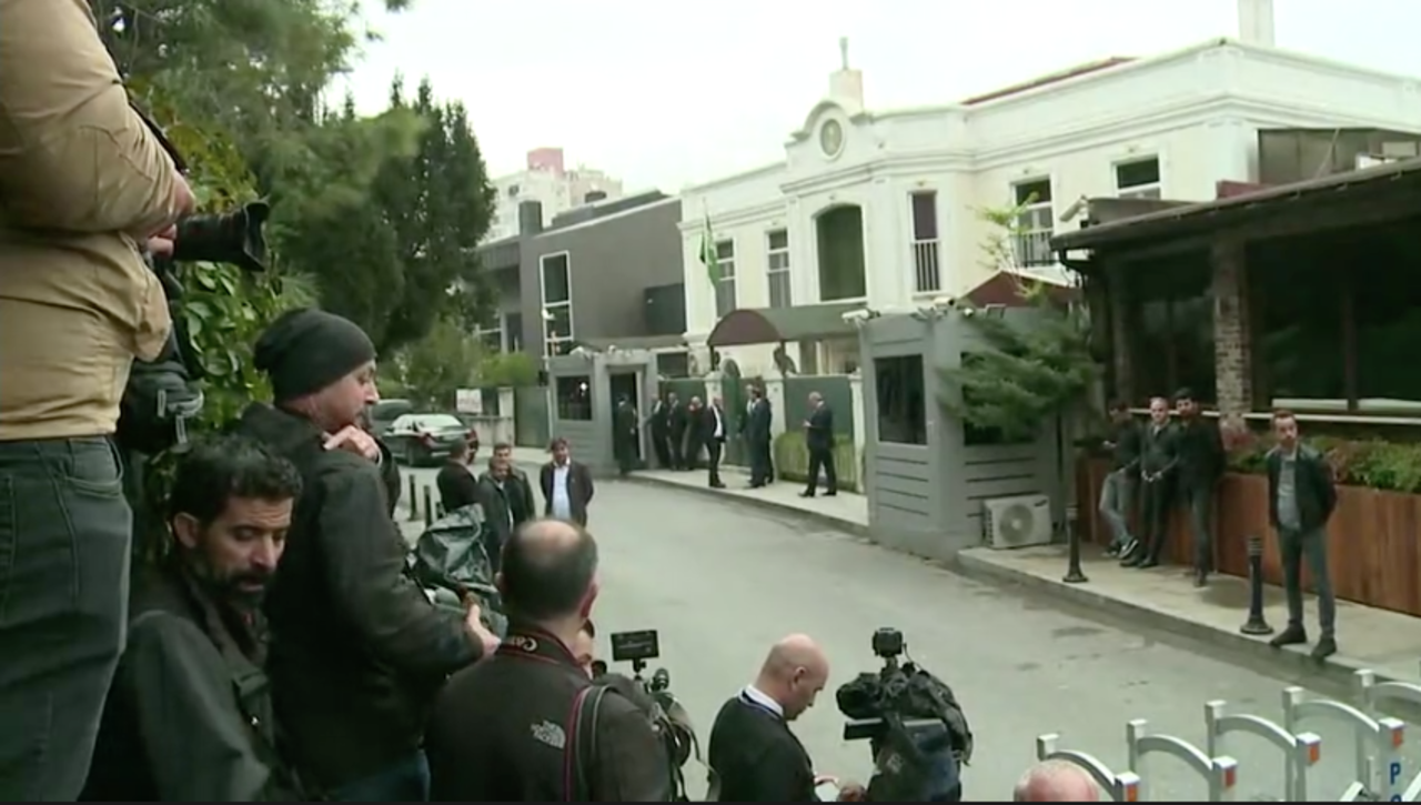 Journalists are gathered outside the Saudi consul's residence in Istanbul.