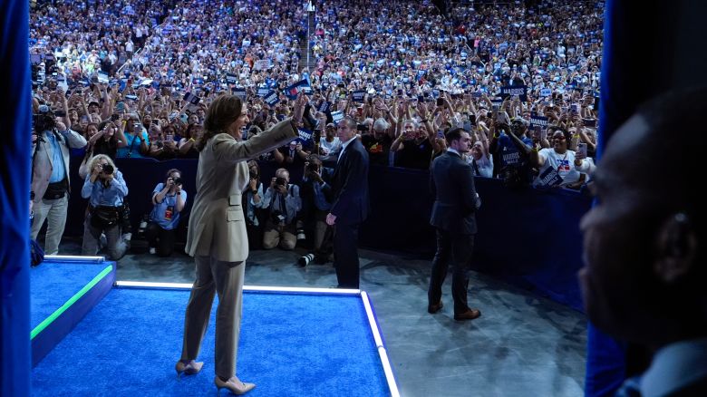 Kamala Harris arrives as she is introduced by running mate Minnesota Gov. Tim Walz at a campaign rally in Glendale, Arizona, on August 9.