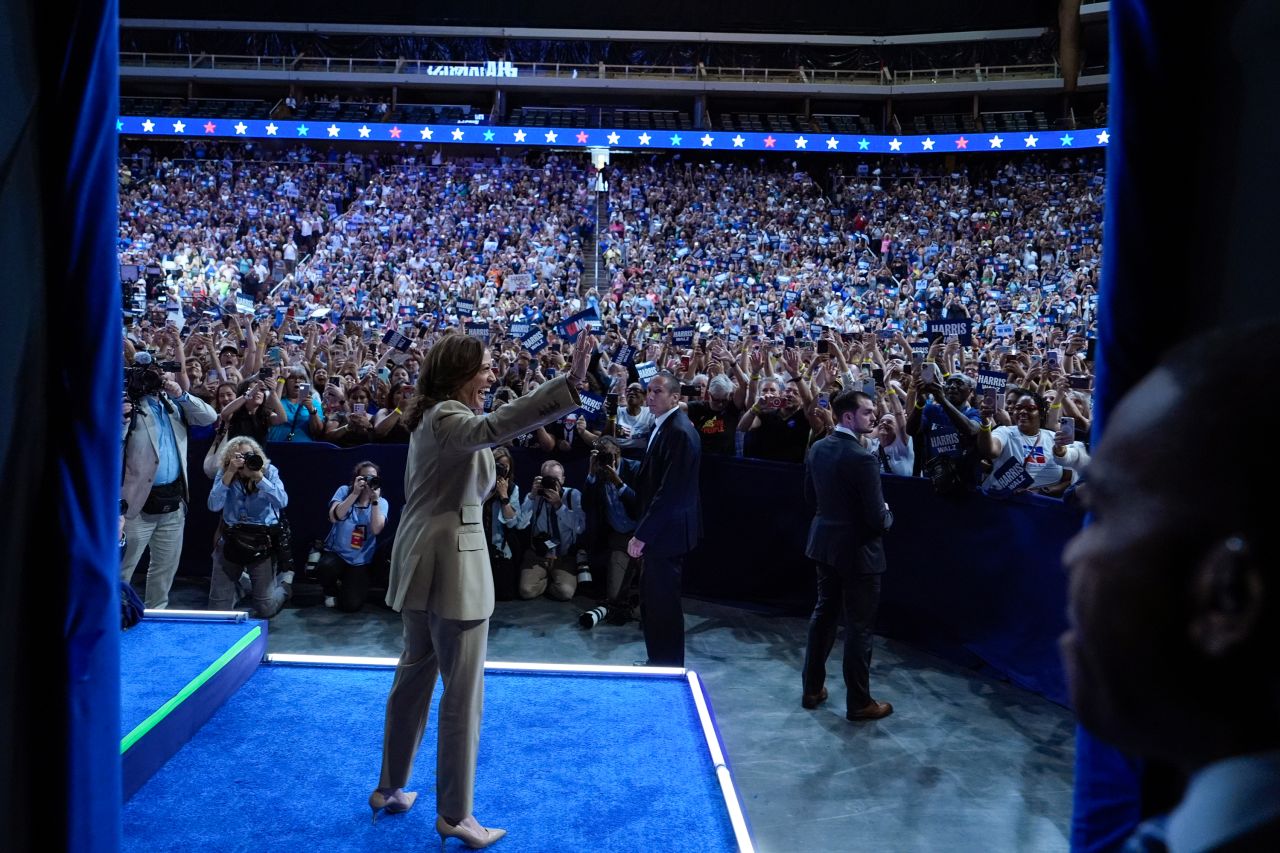 Kamala Harris arrives as she is introduced by running mate Minnesota Gov. Tim Walz at a campaign rally in Glendale, Arizona, on August 9.