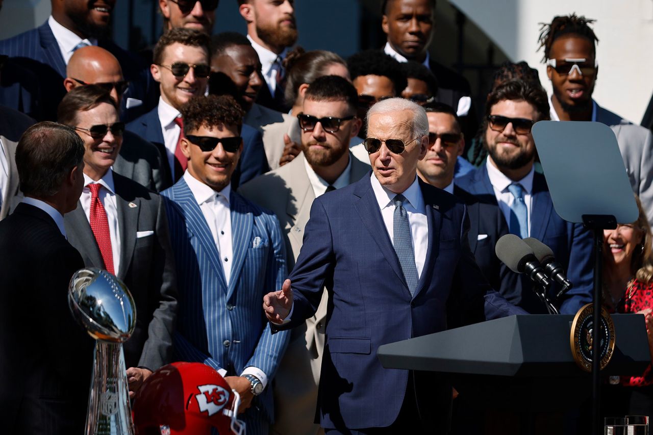 President Joe Biden speaks during an event with the NFL Super Bowl champions Kansas City Chiefs on the South Lawn of the White House on Friday, May 31.