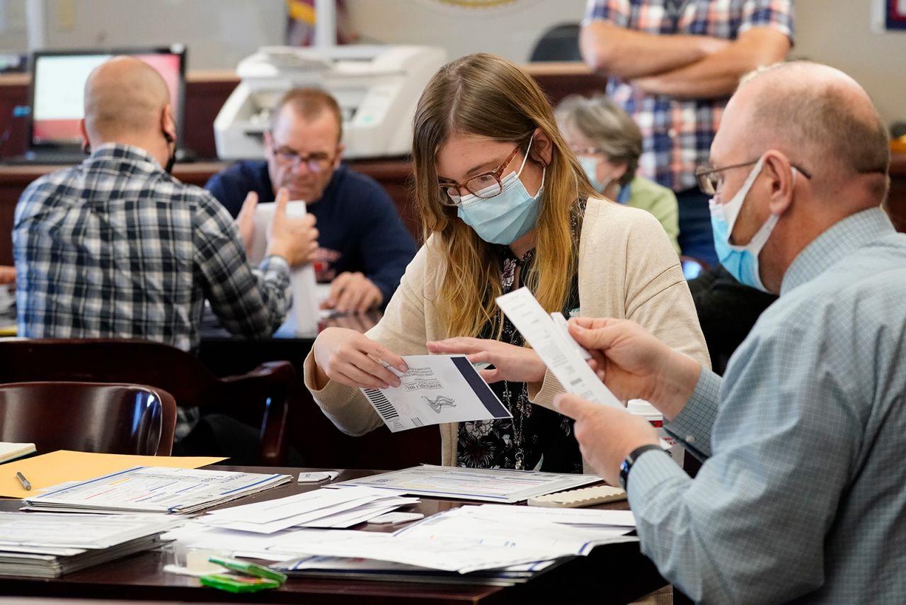 Luzerne County workers canvas ballots that arrived after closing of voting until Friday at 5 p.m. and postmarked by Nov. 3rd as vote counting in the general election continues, Friday, Nov. 6, in Wilkes-Barre, Pennsylvania.