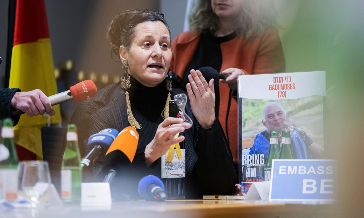 Efrat Machikawa, niece of hostage Gadi Moshe Mozes, speaks at a press conference with relatives of hostages held captive by Hamas since October 7 at the Israeli embassy in Berlin, Germany, on January 15.