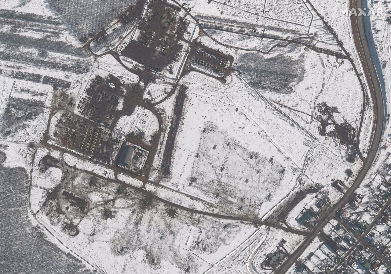 A satellite image shows an overview of helicopter deployments at Valuyki, Russia on February 20. 