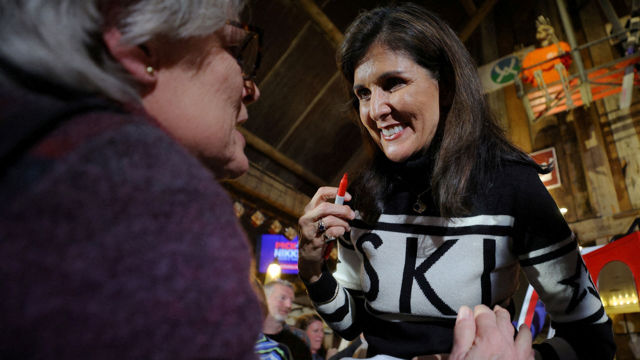 Nikki Haley greets voters during a campaign town hall in Plymouth, New Hampshire, on December 28.