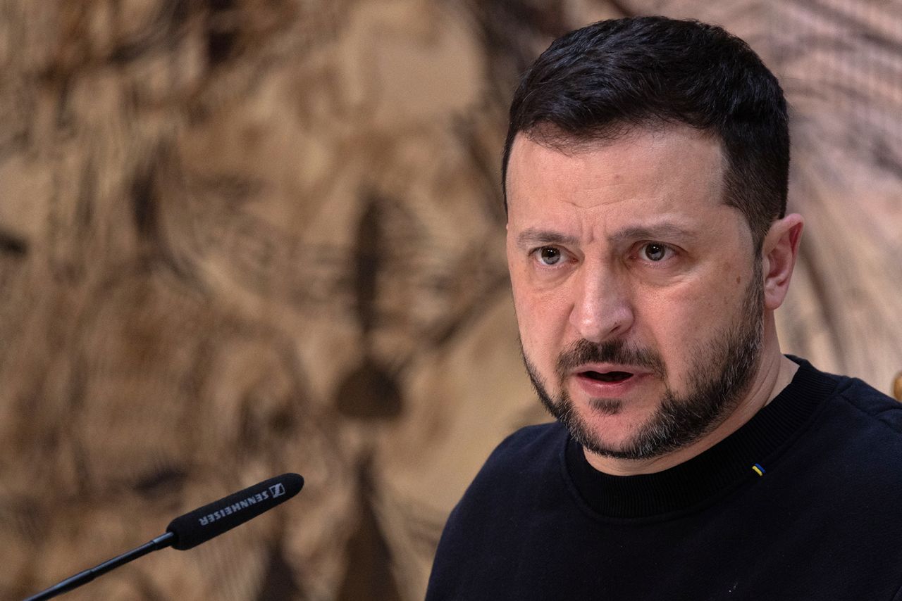 Ukrainian President Volodymyr Zelensky speaks during a press conference in Istanbul, Turkey, on March 8. 