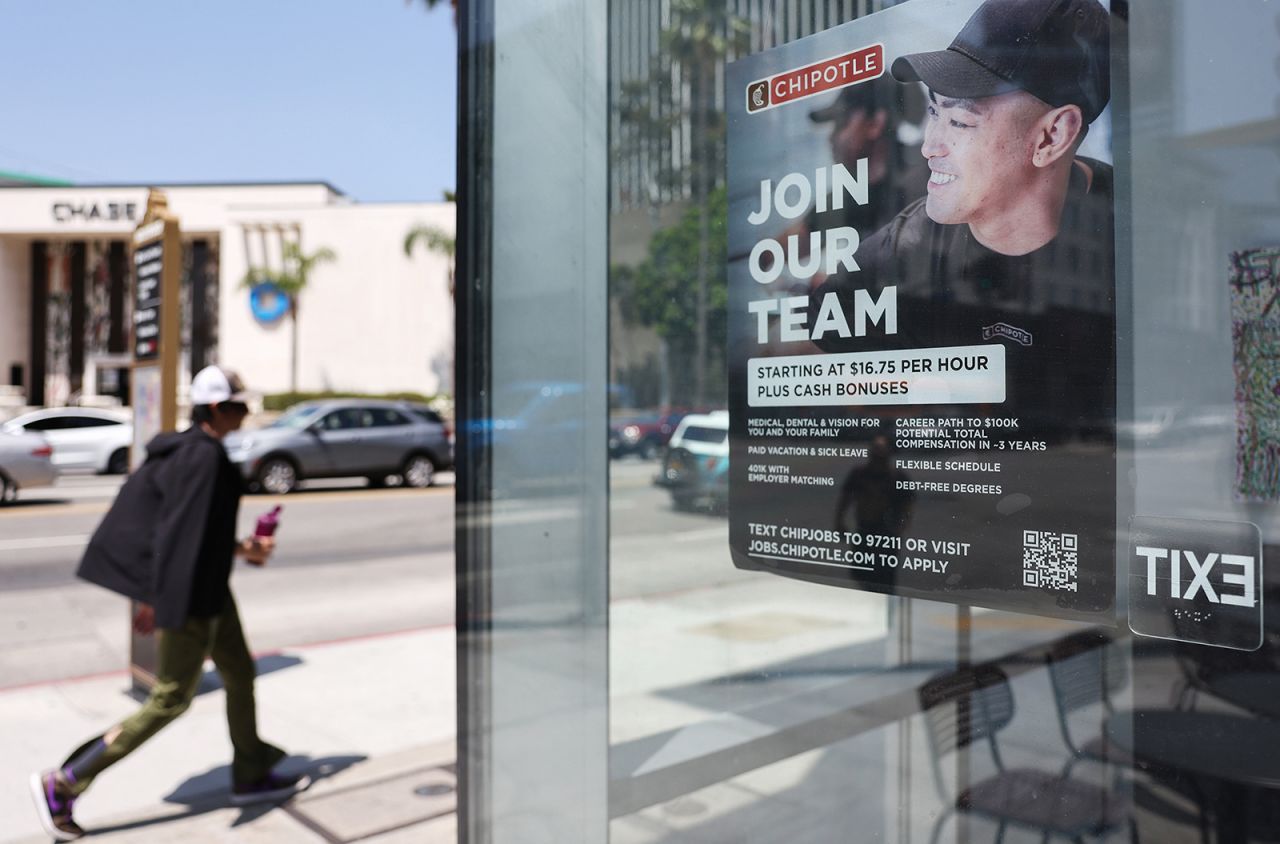 A 'Join Our Team' sign is displayed outside a Chipotle location on June 2, 2023 in Los Angeles, California.?