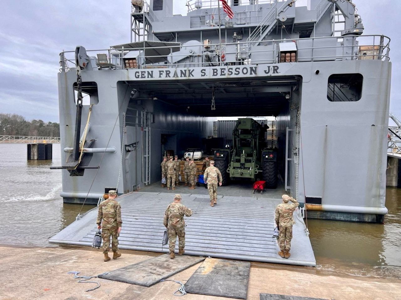 The US Army Vessel General Frank S. Besson departs Joint Base Langley-Eustis. 