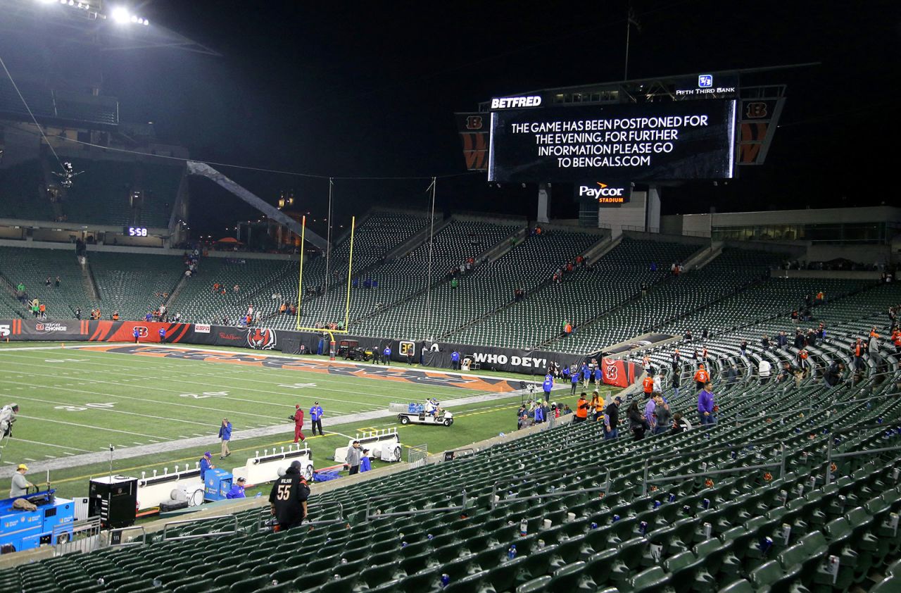 The scene at the game between the Cincinnati Bengals and the Buffalo Bills following an injury to Buffalo Bills safety Damar Hamlin at Paycor Stadium in Cincinnati, Ohio, on January 2.