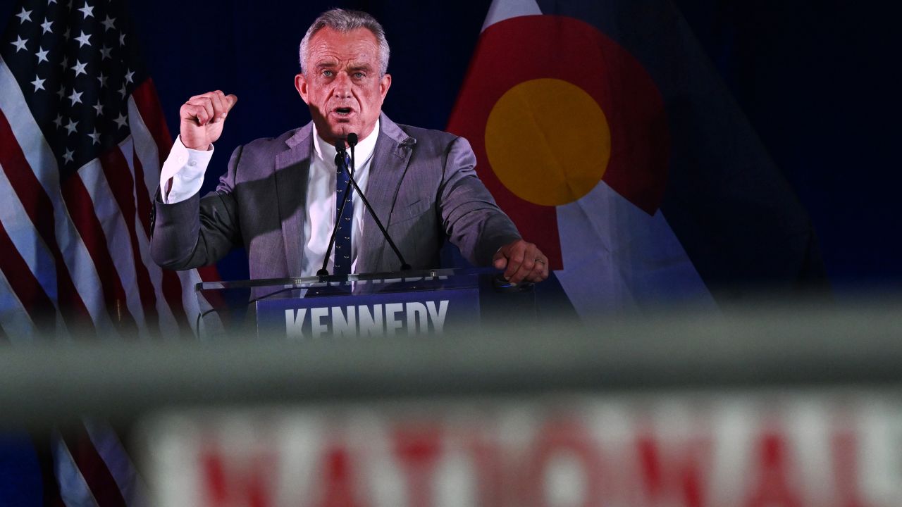 Robert F. Kennedy Jr. speaks during a voter rally at the Hangar at Stanley Marketplace in Aurora, Colorado on May 19.