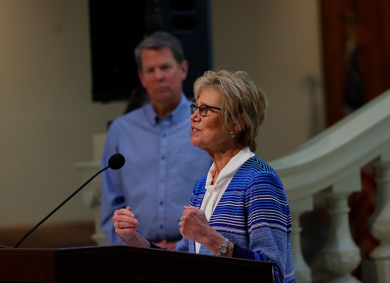 Georgia Department of Public Health Commissioner Dr. Kathleen Toomey answers questions during a press conference at the Georgia State Capitol on April 27, in Atlanta.