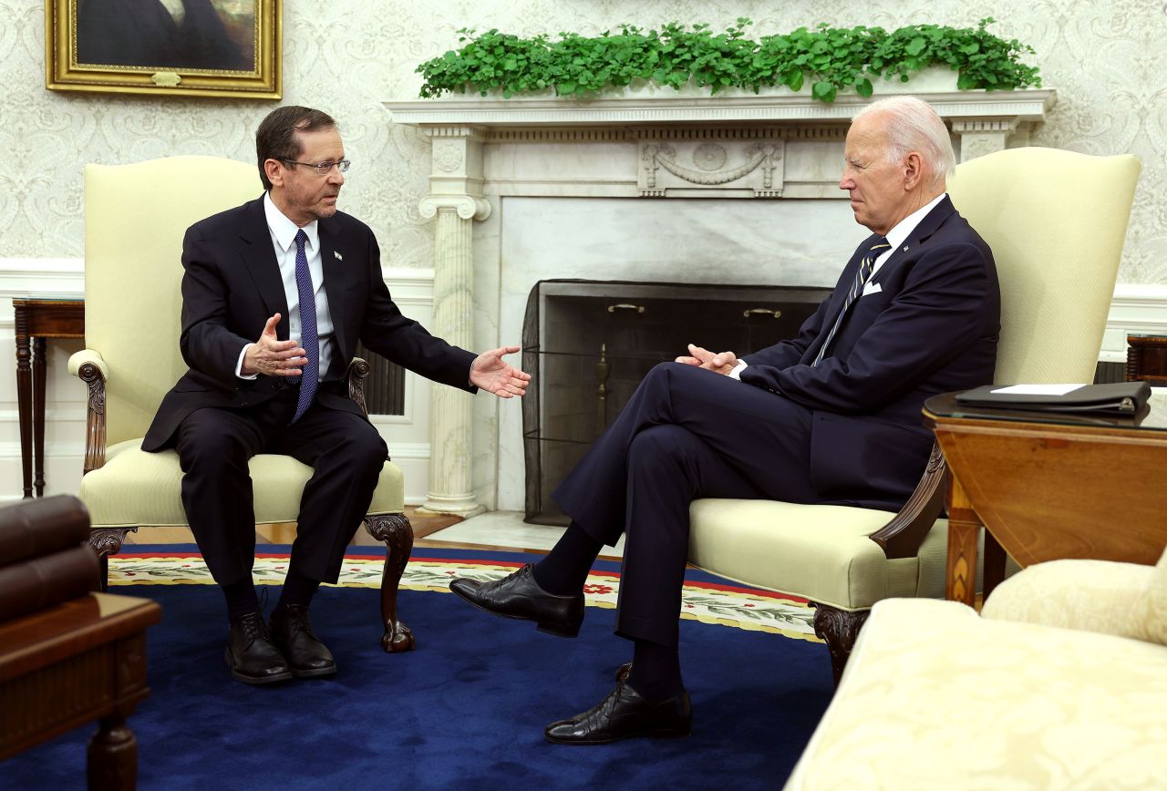 Israeli President Isaac Herzog speaks with US President Joe Biden in the Oval Office at the White House on July 18.