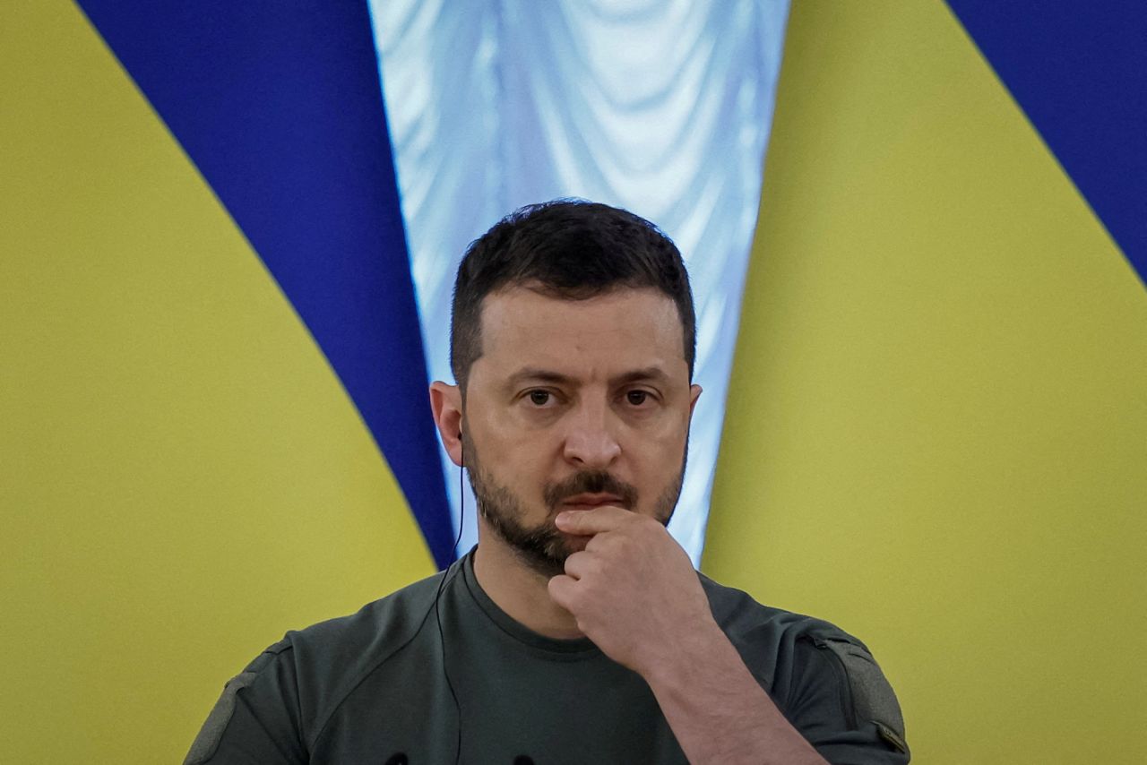 Ukrainian President Volodymyr Zelensky attends a press conference in Kyiv on Wednesday.