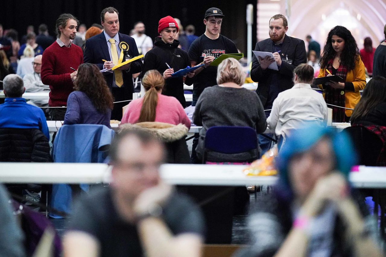 Party officials observe as ballot-counting takes place in Glasgow, Scotland. Photo: Jeff J Mitchell/Getty Images