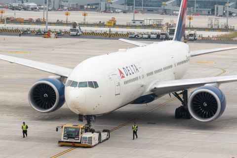 A Delta Airlines aircraft is pictured at Shanghai Pudong International Airport in November 2019.