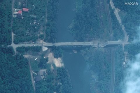 A satellite image shows the damaged Pavlograd Bridge in western Severodonetsk, Ukraine, on June 11.