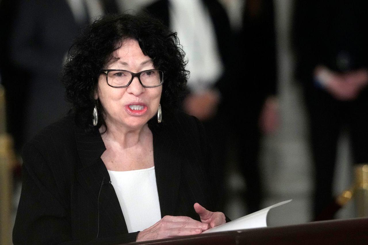 Supreme Court Justice Sonia Sotomayor speaks during a private service for retired Supreme Court Justice Sandra Day O'Connor in the Great Hall of the Supreme Court in Washington, DC, on Monday. 