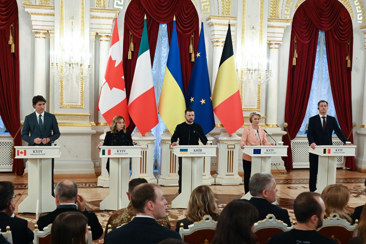 Ukrainian President Volodymyr Zelensky and world leaders participate in a joint media conference in Kyiv, Ukraine, on February 24.