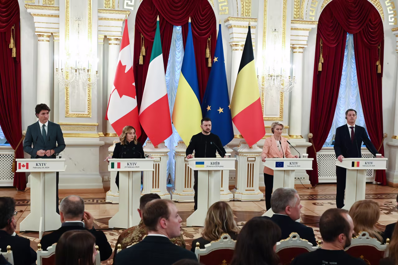 Ukrainian President Volodymyr Zelensky and world leaders participate in a joint media conference in Kyiv, Ukraine, on February 24.