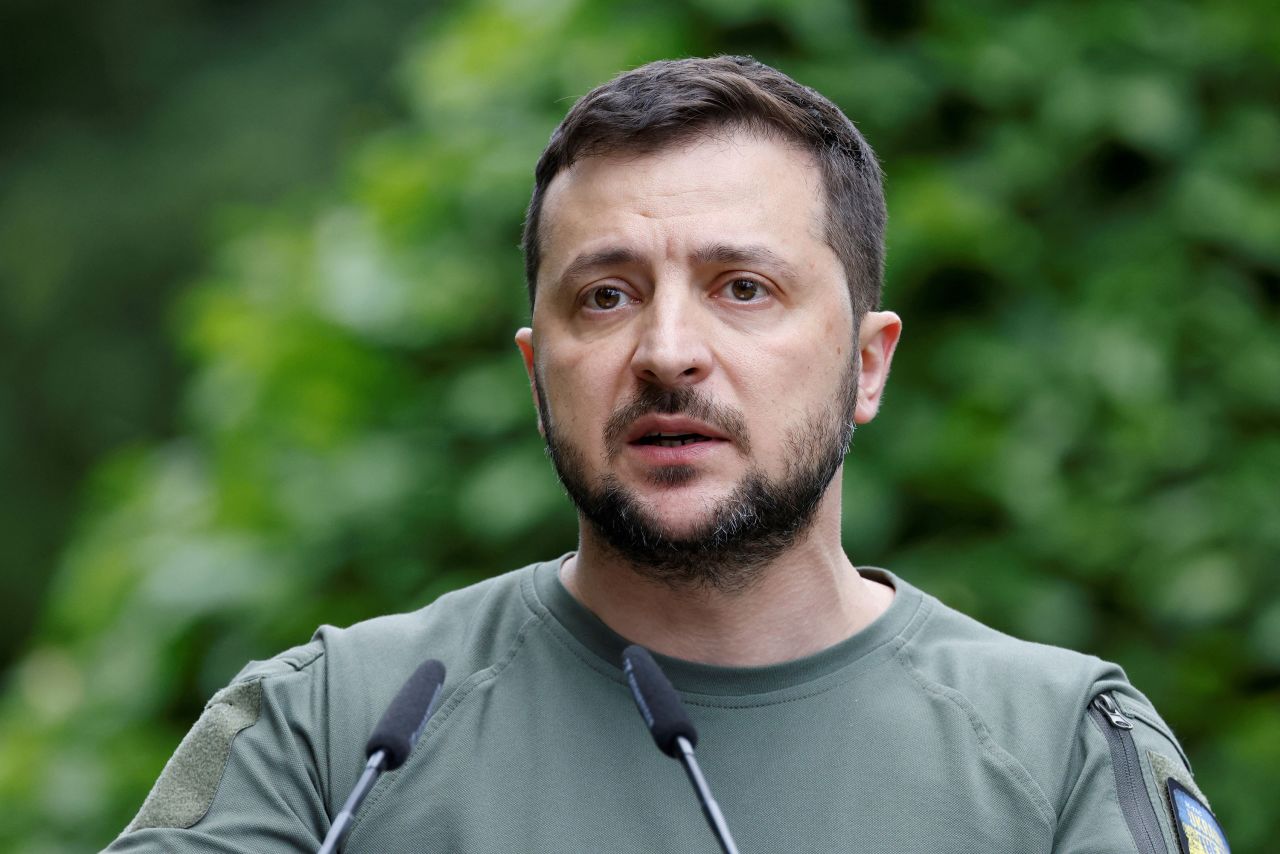 Ukrainian President Volodymyr Zelensky speaks at a press conference on June 16.