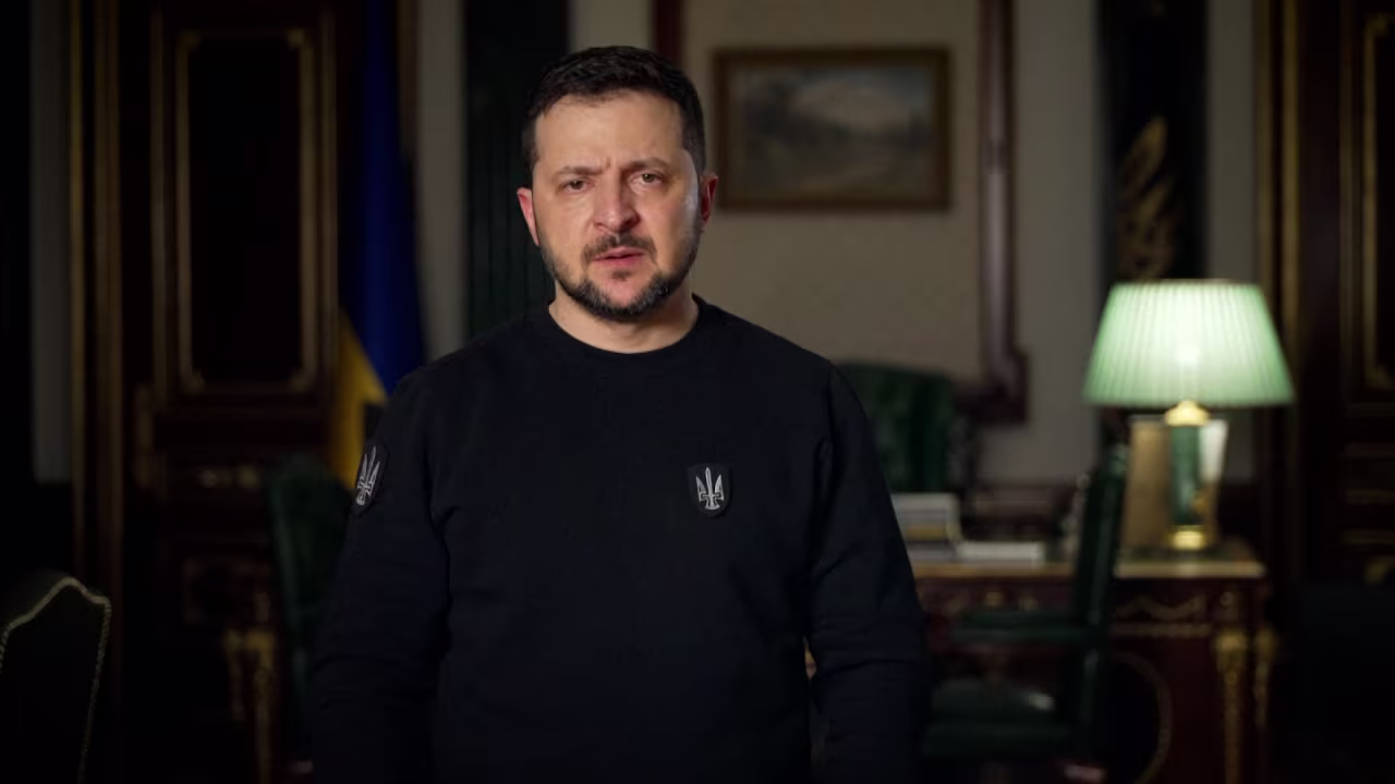 Ukrainian President Volodymyr Zelensky delivers his nightly address on Monday.