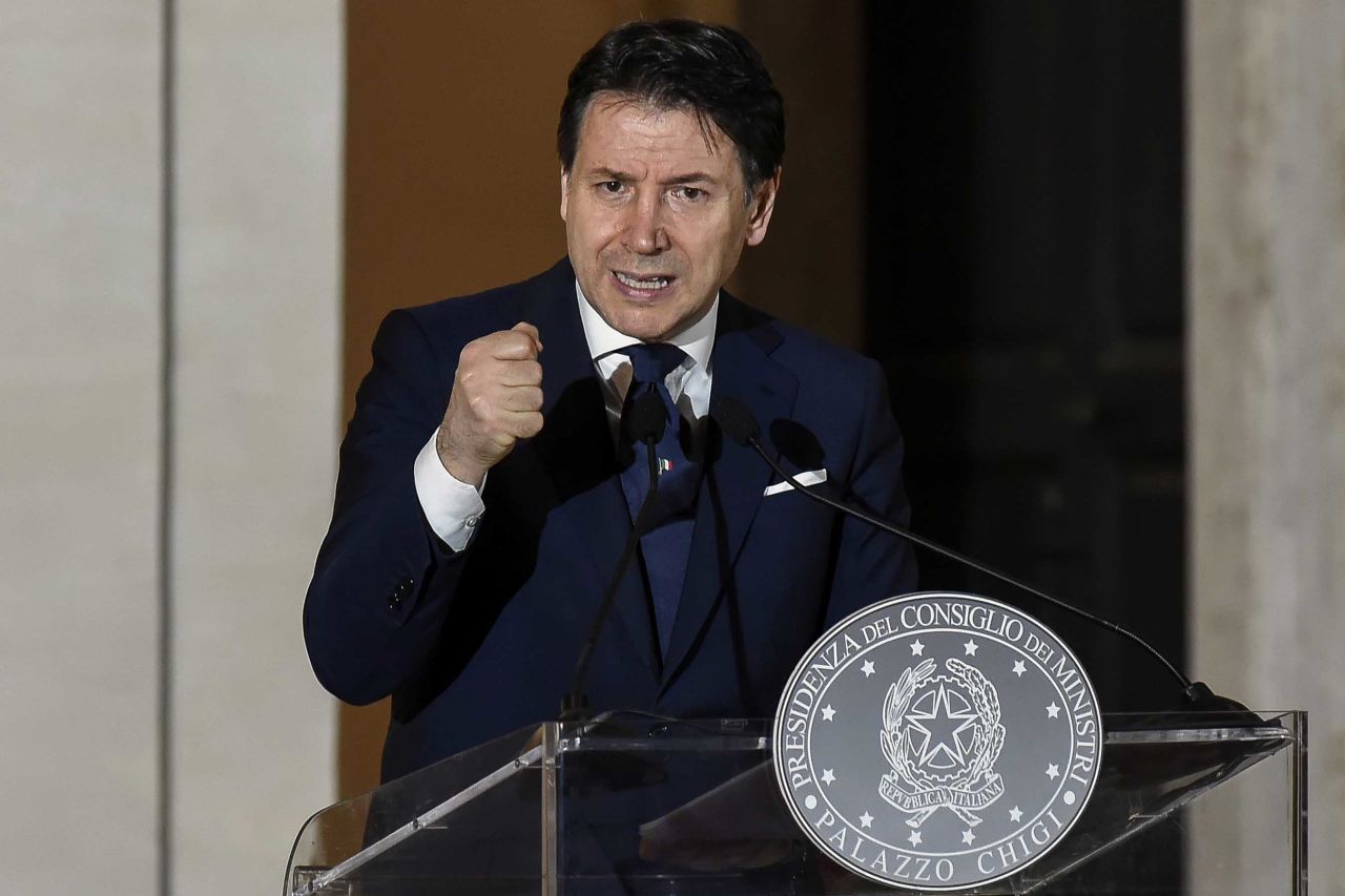 Italian Premier Giuseppe Conte holds a press conference in Rome on May 16.