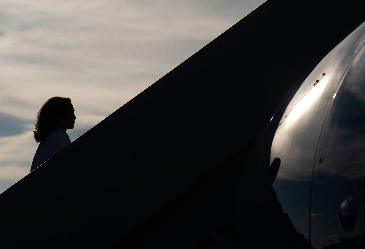 Vice President Kamala Harris boards Air Force Two prior to departure from Savannah Hilton Head International Airport in Savannah, Georgia, on August 29. 