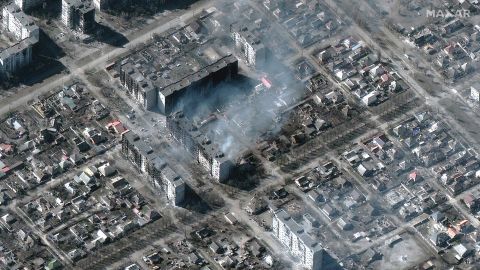 A Maxar satellite image shows burning residential apartment buildings in Mariupol, Ukraine on March 22. 
