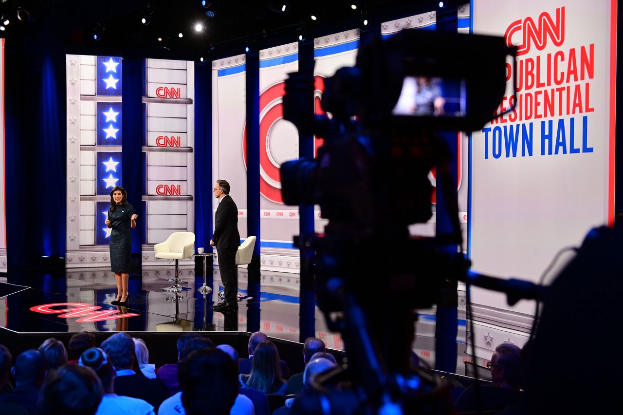 Haley participates in a CNN Republican Presidential Town Hall moderated by CNN’s Jake Tapper at New England College in Henniker, New Hampshire, on Thursday.