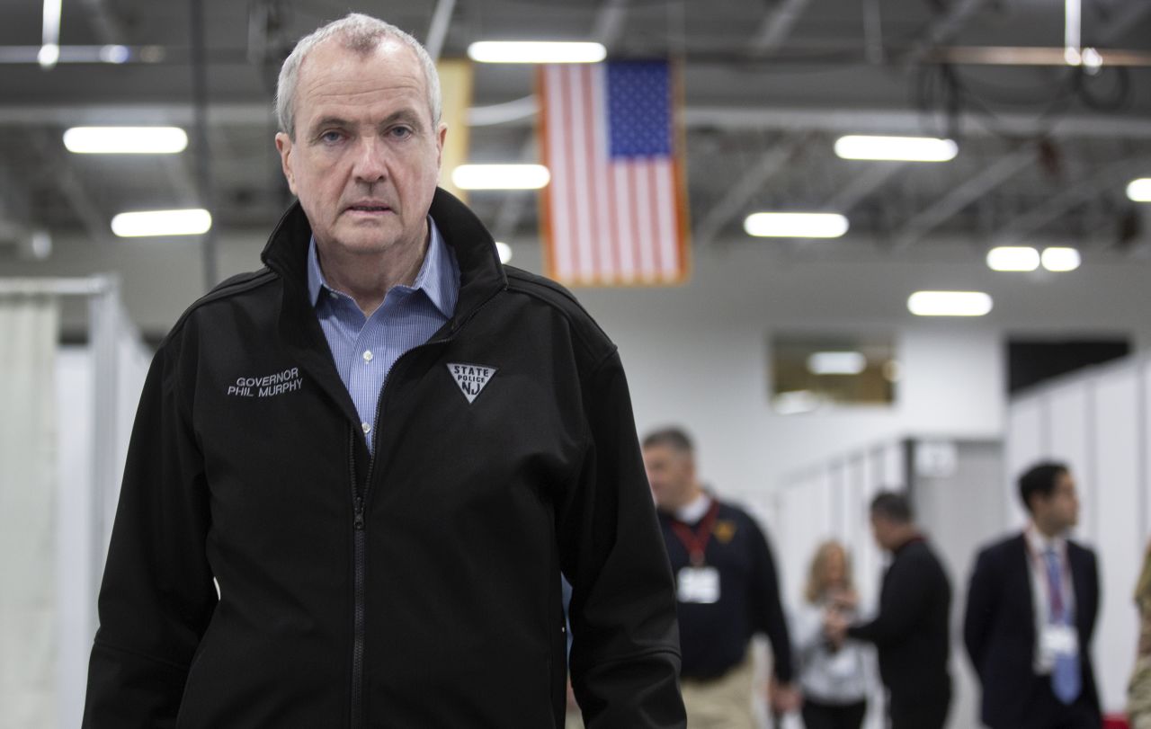 New Jersey Gov. Phil Murphy tours an emergency field hospital being prepared at the Meadowlands Exposition Center in Secaucus, New Jersey, on April 2.