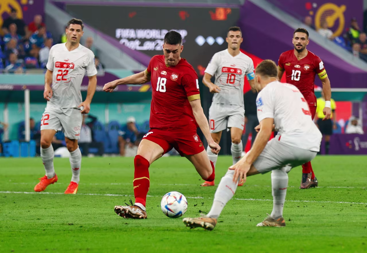 Serbia's Dušan Vlahović scores his team's second goal against Switzerland.