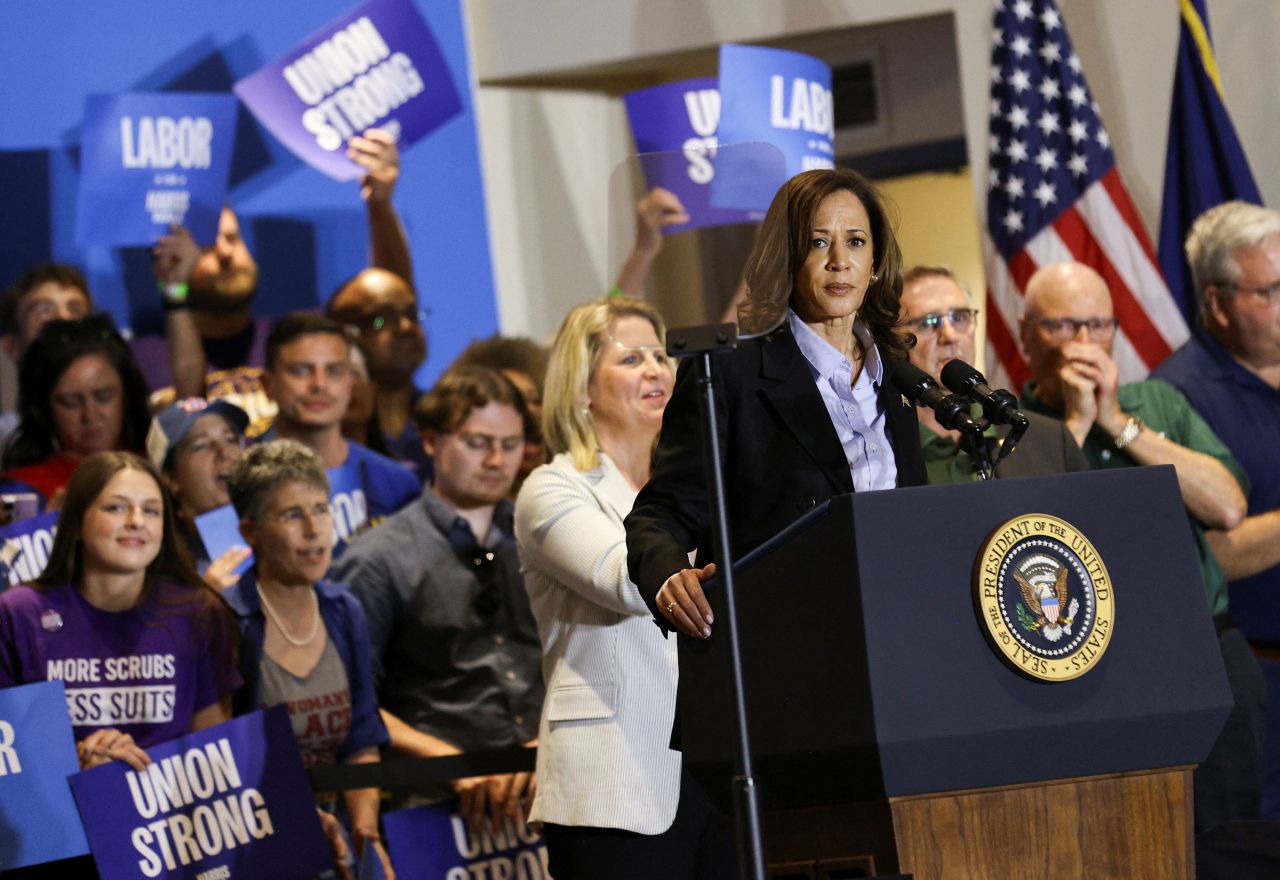 Vice President Kamala Harris speaks at a campaign event at IBEW Local Union 5 in Pittsburgh on September 2. 