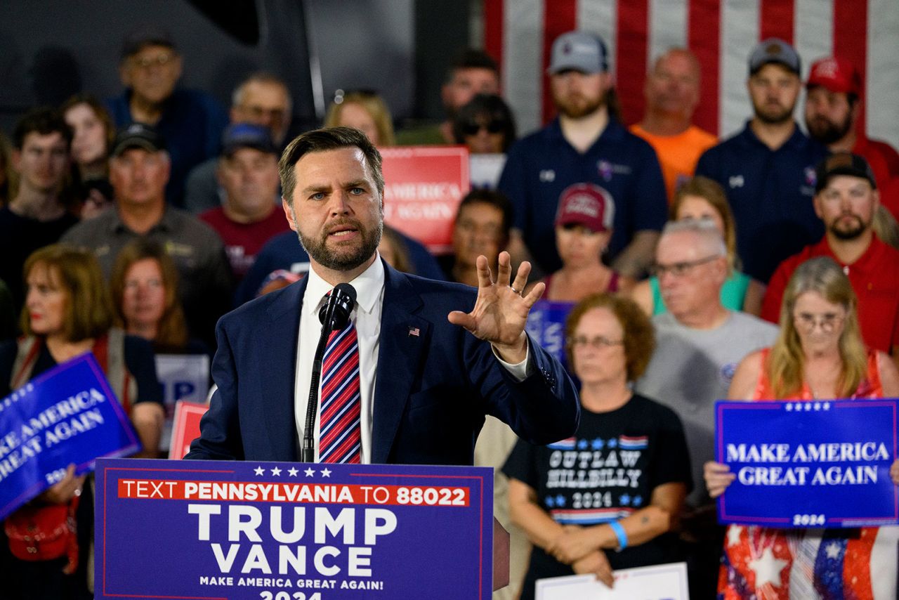 Ohio Sen. JD Vance speaks at a rally on Wednesday, August 28, in Erie, Pennsylvania. 