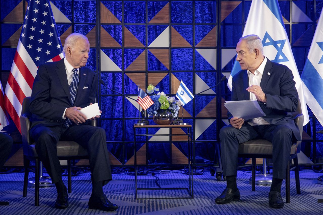 U.S. President Joe Biden, left, meets with Israeli Prime Minister Benjamin Netanyahu, to discuss the the war between Israel and Hamas, in Tel Aviv, Israel, on October 18.