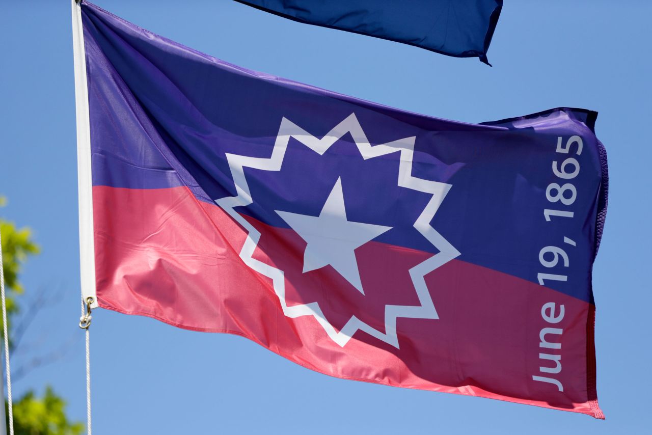 The Juneteenth flag, commemorating the day that slavery ended in the U.S., flies in Omaha, Nebraska, on June 17.